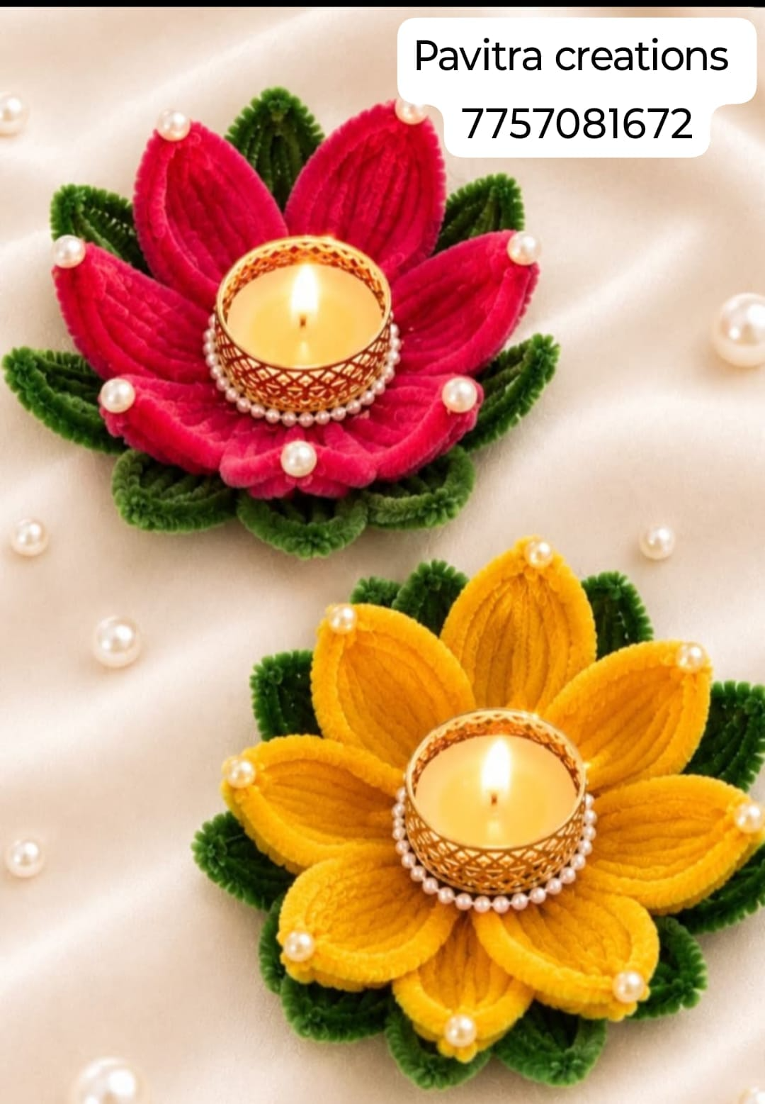 Lotus tea light holders with pearls